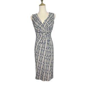 Jigsaw Women’s Small Luxury Midi Dress Blue White Twist Front V-Neck